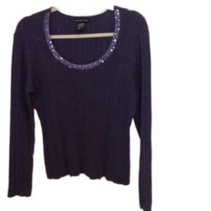 New York & Company Purple Metallic Thread Scoop Neck Sequin Detail Sweater Sz L